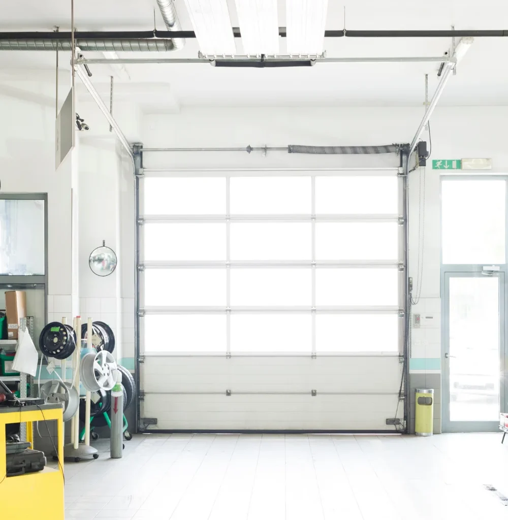 Bright, spacious garage with open door